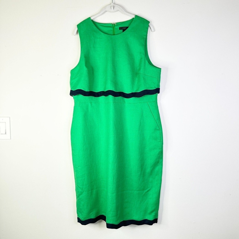 J. Crew Dress Women 16 Green Linen Scalloped Tiered Sheath Dress Navy Trim NWT